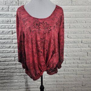 Live Let Live Womens Top 2X Plus Trumpet Sleeve Red Floral Lightweight FLO115E